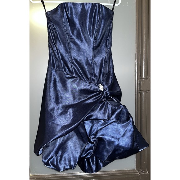 VTG 80s Jessica McClintock Satin Blue Strapless Bubble Mini Dress Sz 1 Formal - Picture 2 of 6